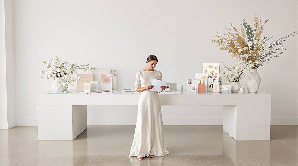 Bride in elegant wedding dress at a modern wedding display table.