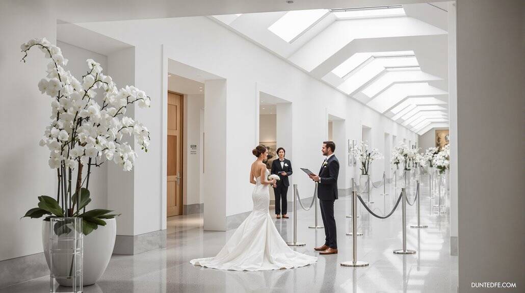 Elegant wedding ceremony featuring a bride and groom exchanging vows in a sleek, contemporary venue.