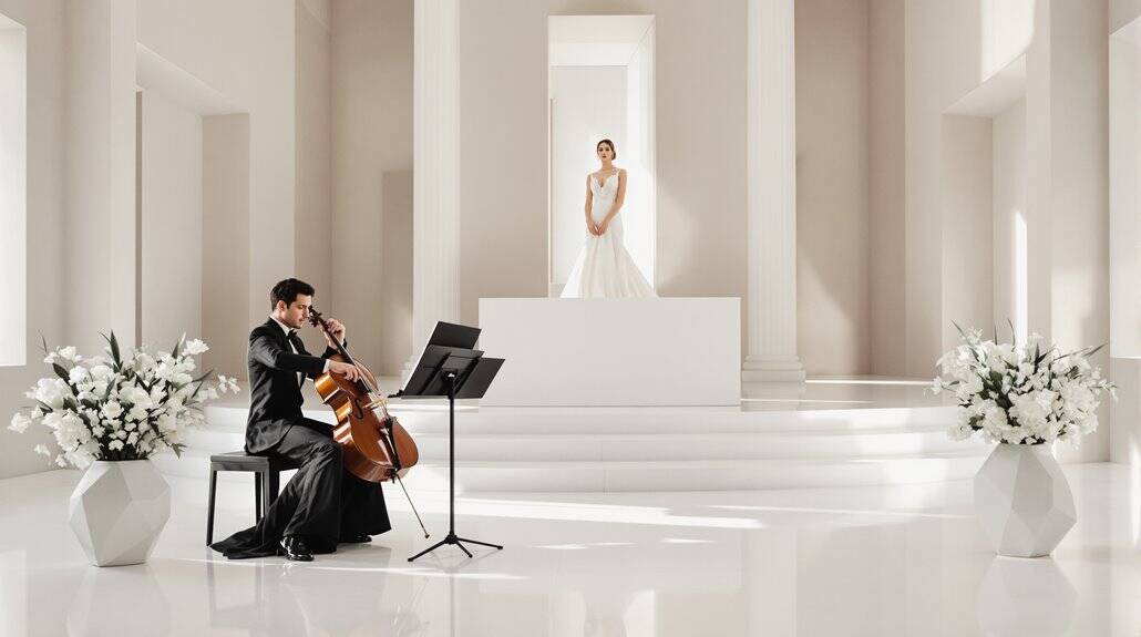 Bride on stage with live classical music performance in a modern, elegant wedding venue.