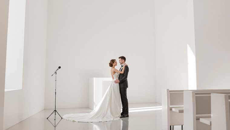 Bride and groom sharing a kiss in a simple, modern wedding venue with white walls and natural light.