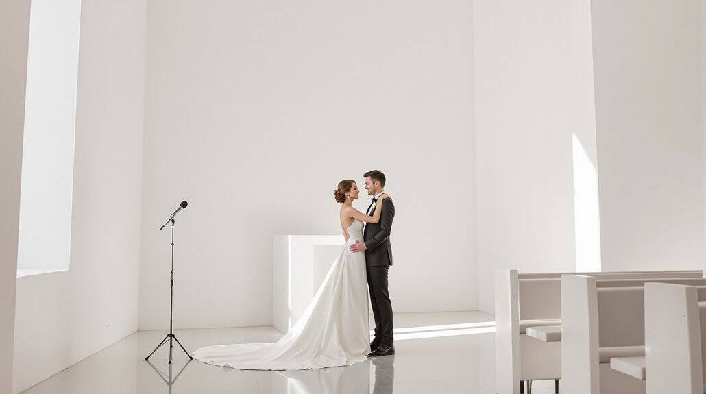 Bride and groom sharing a kiss in a simple, modern wedding venue with white walls and natural light.