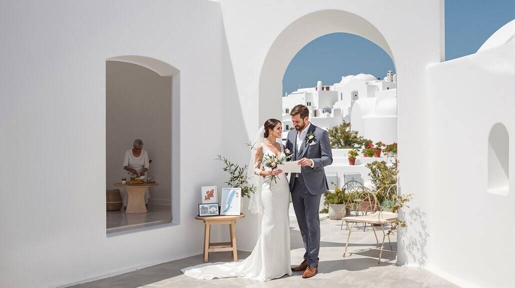 Elegant wedding couple exchanging vows in Santorini's iconic white architecture.