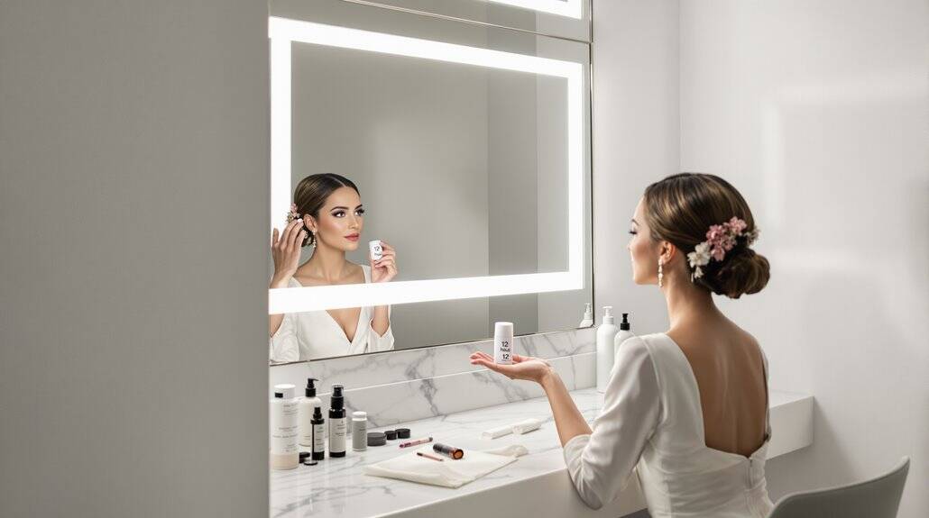 Bride applying makeup in a modern bathroom with a large illuminated mirror.