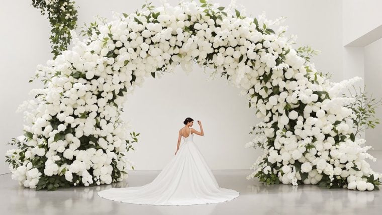 Beautiful white floral wedding arch with a bride in a white gown.