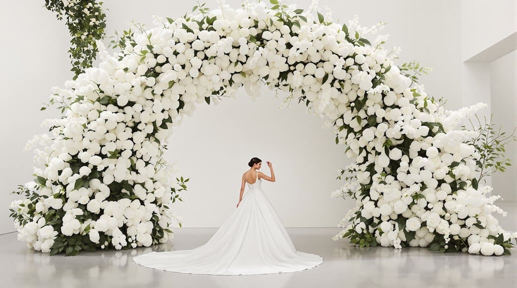 Beautiful white floral wedding arch with a bride in a white gown.
