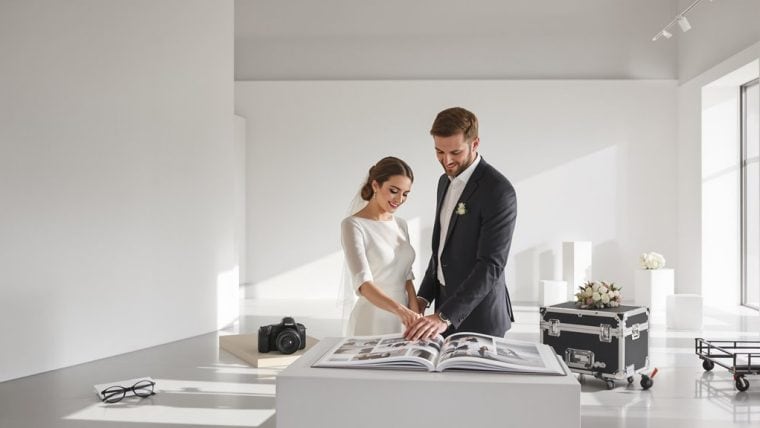 Happy bride and groom reviewing wedding plans in a bright, modern studio.