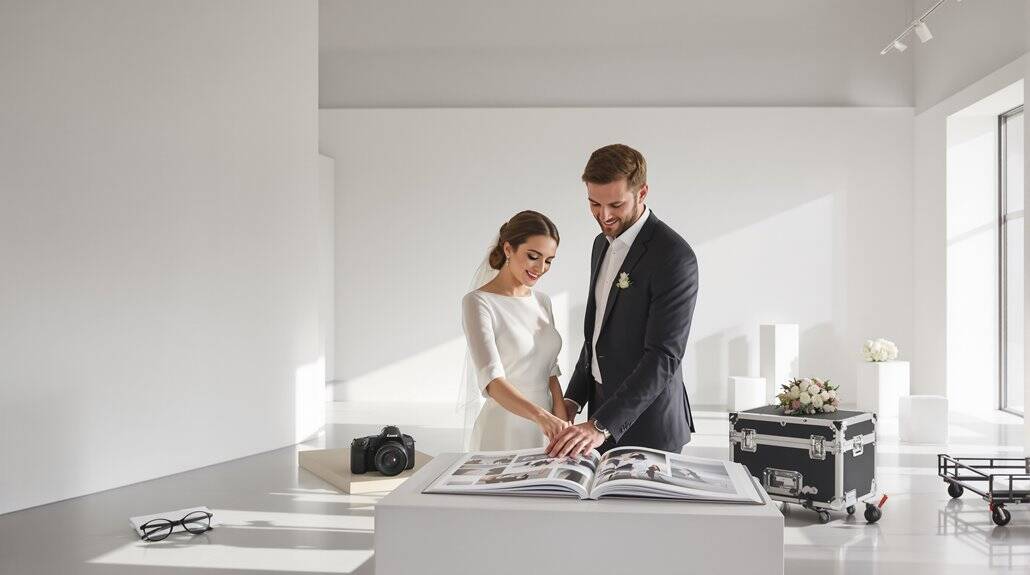 Happy bride and groom reviewing wedding plans in a bright, modern studio.