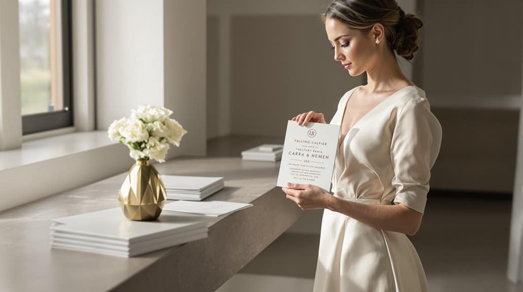 Bridal woman reading wedding invitation in a modern, elegant setting.