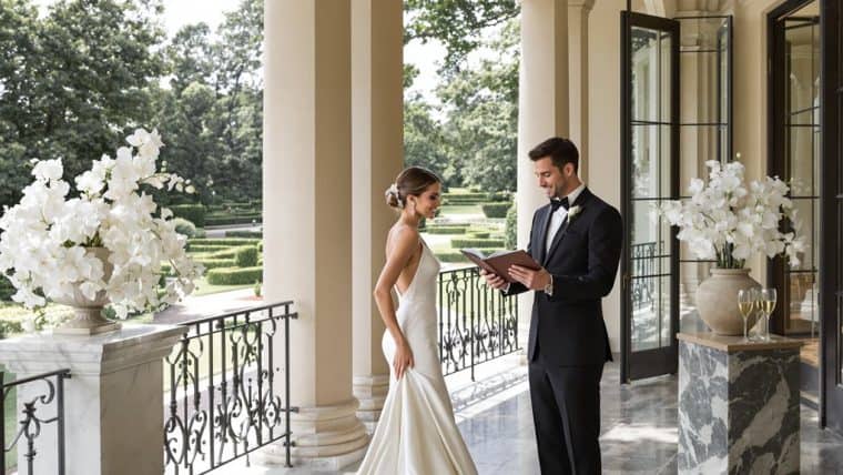 Elegant wedding ceremony on a grand balcony with white floral arrangements and scenic garden views.