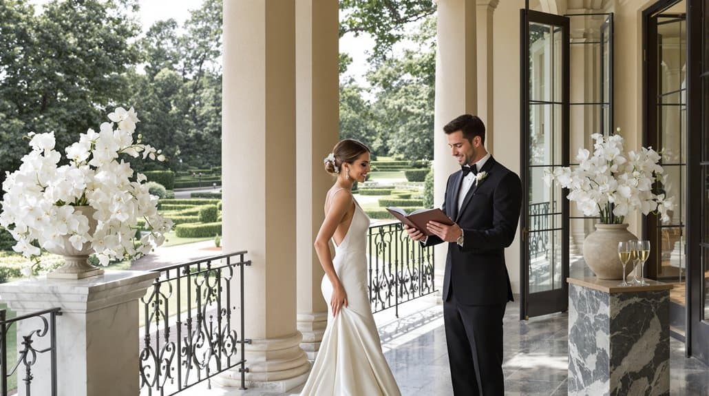 Elegant wedding ceremony on a grand balcony with white floral arrangements and scenic garden views.