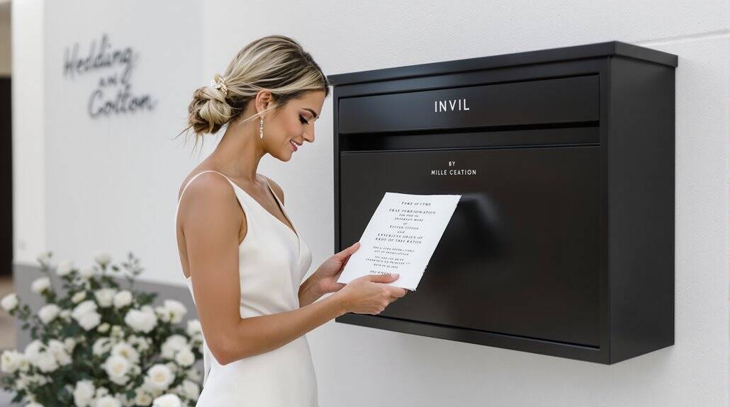 Bride reading wedding invitation from elegant mailbox at wedding venue.