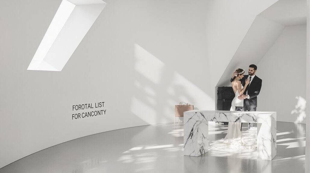 Bride and groom exchanging vows in a sleek, minimalist wedding venue with natural light.