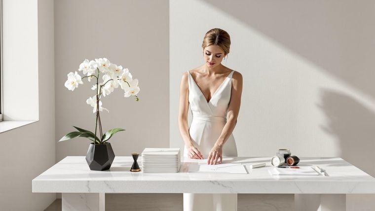 Elegant wedding planning with a bride reviewing design sketches.