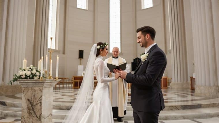 Beautiful bride and groom exchanging vows in a church setting.