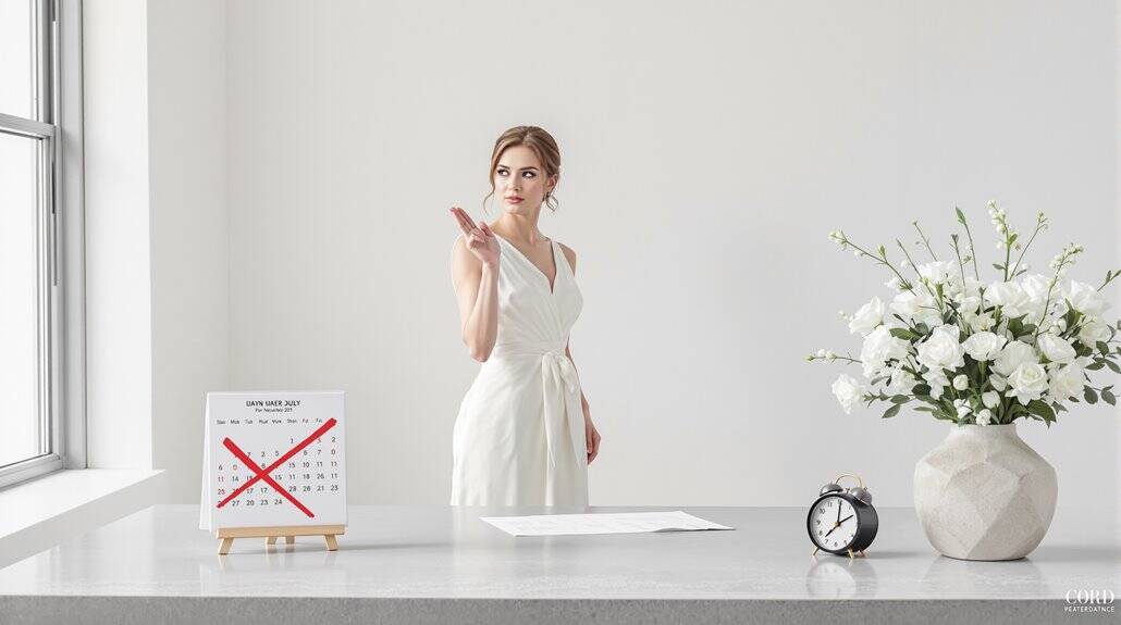 Elegant wedding planning scene with a bride-to-be at a modern, minimalistic desk.