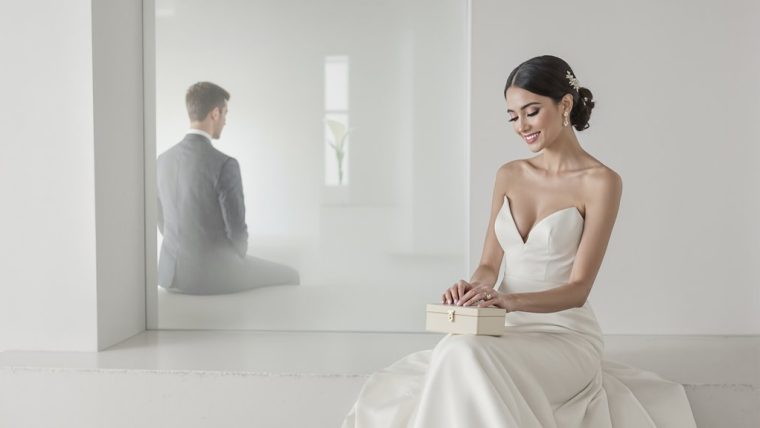 Bride smiling in wedding dress, groom in suit in background.
