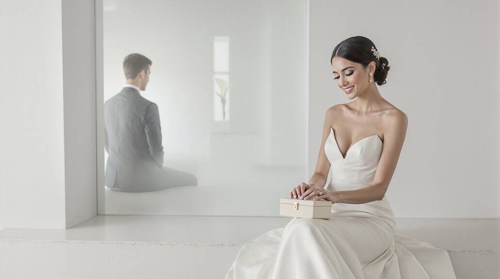 Bride smiling in wedding dress, groom in suit in background.