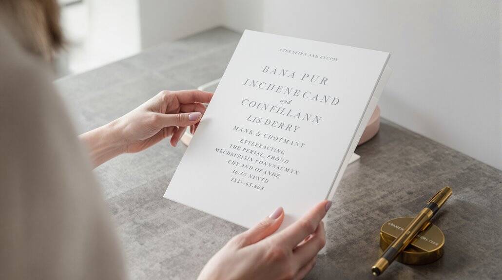 Elegant wedding invitation card with sophisticated design and gold accents. Perfect for a stylish an.