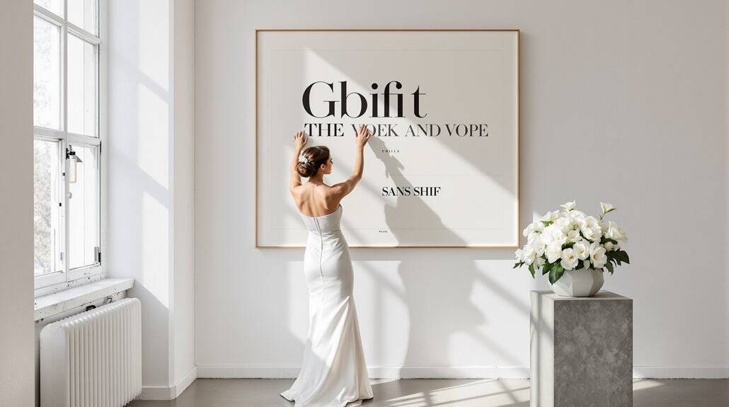 Elegant wedding bride writing on a large framed artwork in a bright, minimalist room.
