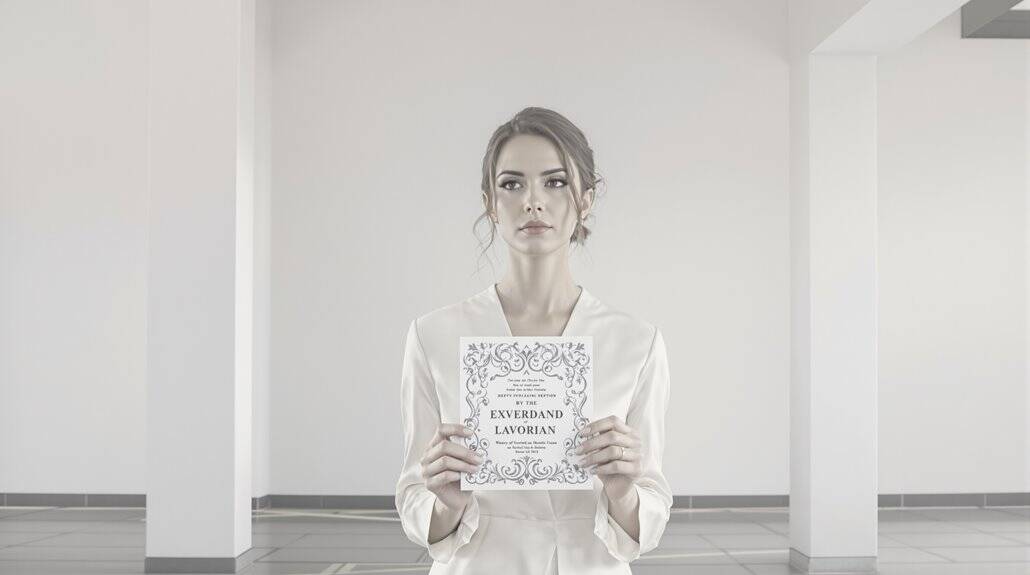 Bride holding wedding dress catalog in modern, minimalist setting.