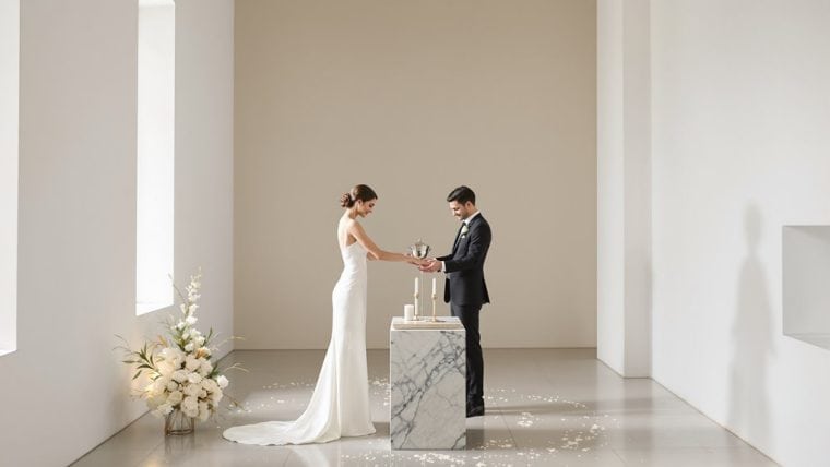 Bride and groom exchanging vows during a modern wedding ceremony.