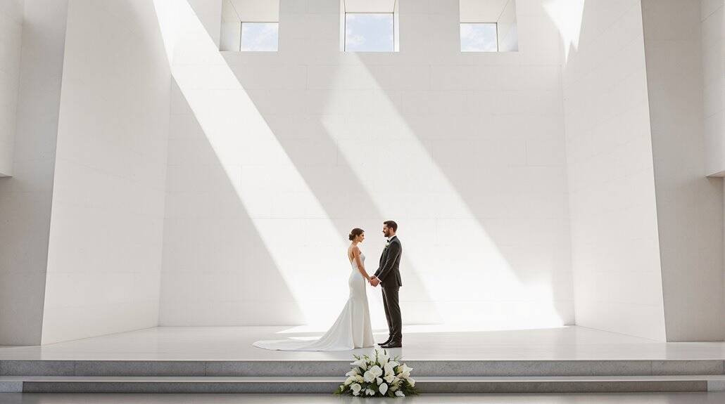 Bride and groom holding hands during modern wedding ceremony.