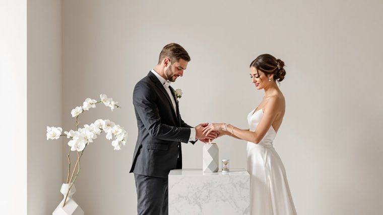Bride and groom exchanging vows during elegant wedding ceremony.