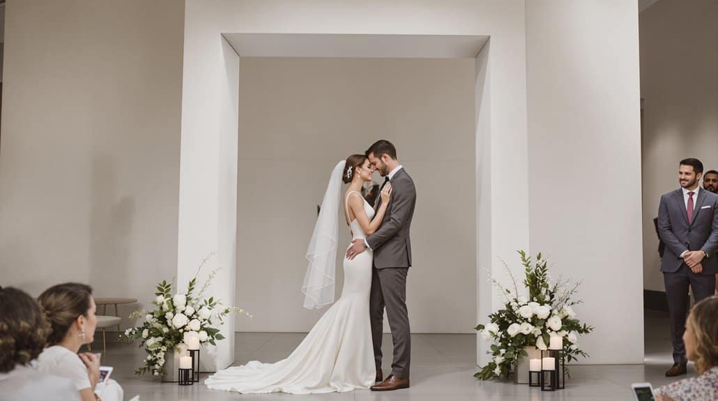 Bride and groom exchanging vows during a modern wedding ceremony.