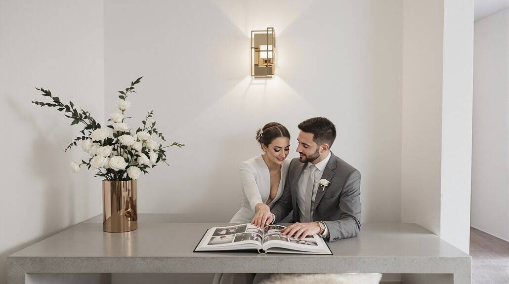 Elegant wedding couple signing marriage documents at a modern, minimalist venue.