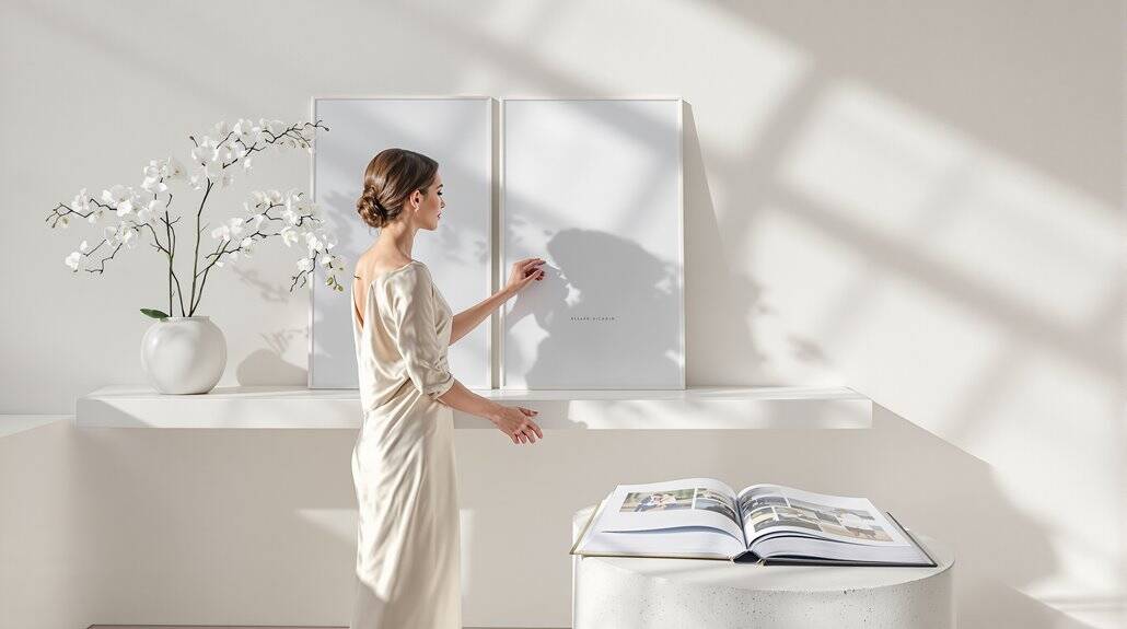 Elegant wedding bride in a satin gown standing in a minimalist, bright setting with floral decor.