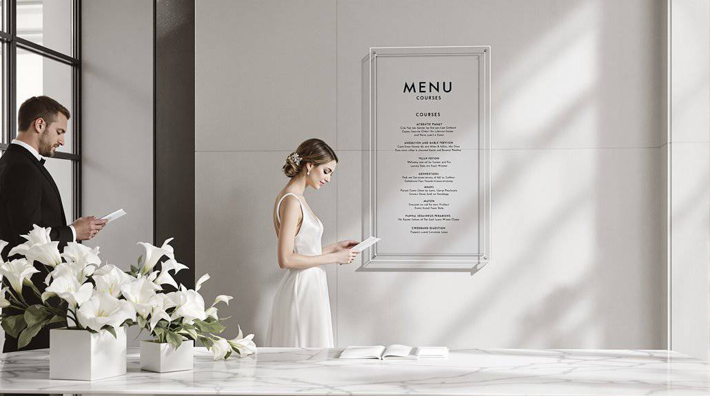 Elegant wedding couple reading menu at reception with floral decor.