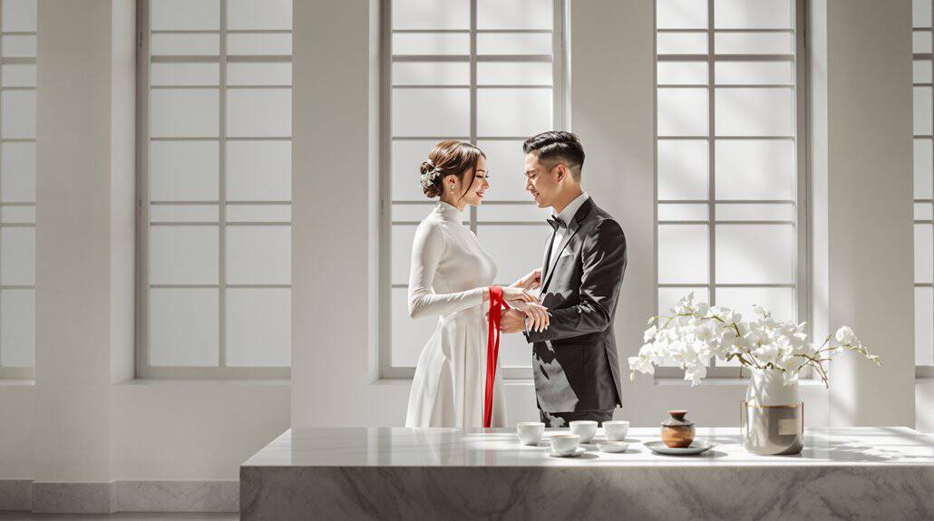 Bride and groom exchanging vows in a bright, modern wedding venue.