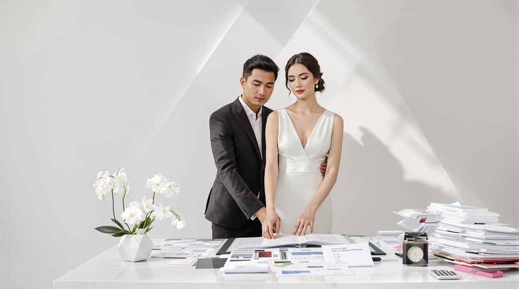 Modern couple planning wedding at stylish office desk with documents and flowers.