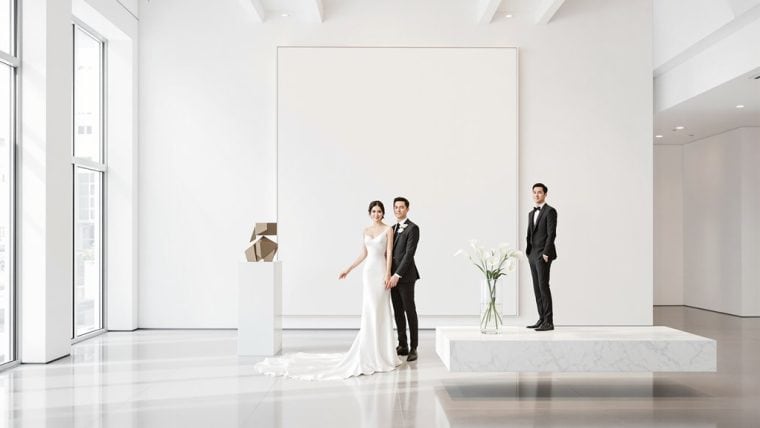 Bride and groom standing together in a sleek, modern wedding venue with minimalist decor.