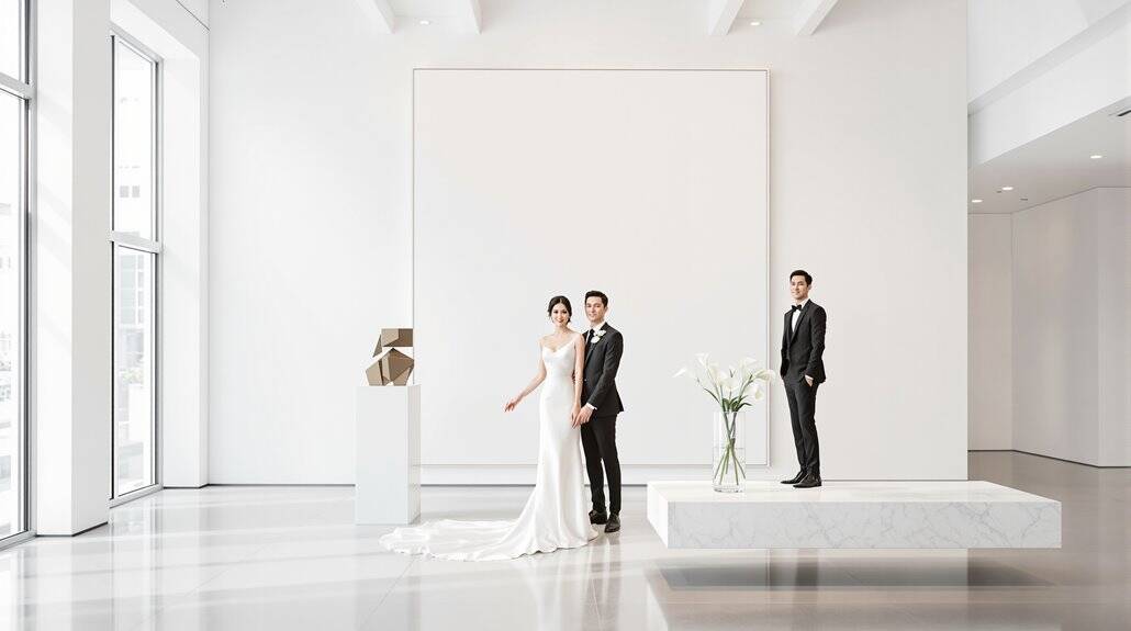 Bride and groom standing together in a sleek, modern wedding venue with minimalist decor.