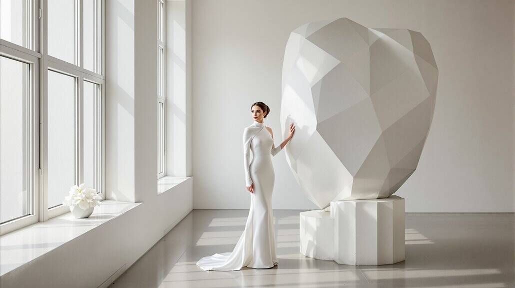 Elegant wedding dress with modern art sculpture backdrop.
