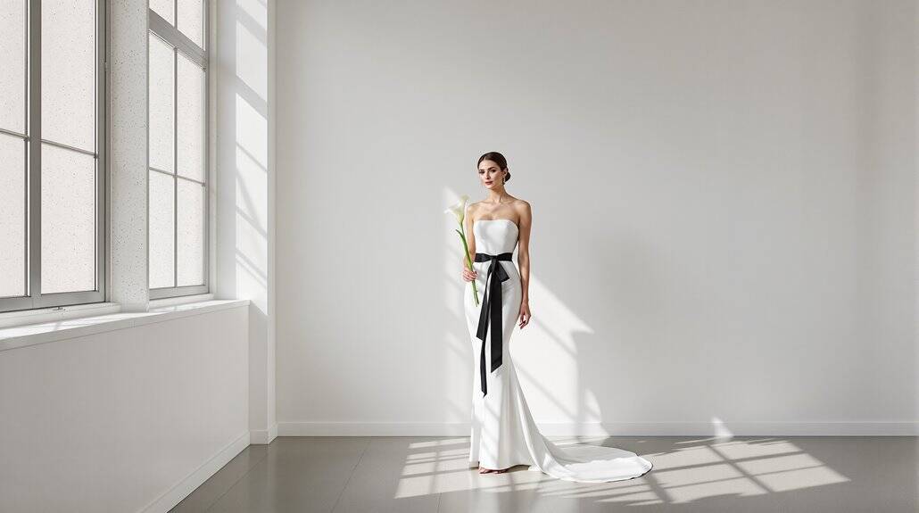 Elegant wedding dress with black sash on a model in a minimalist studio setting.