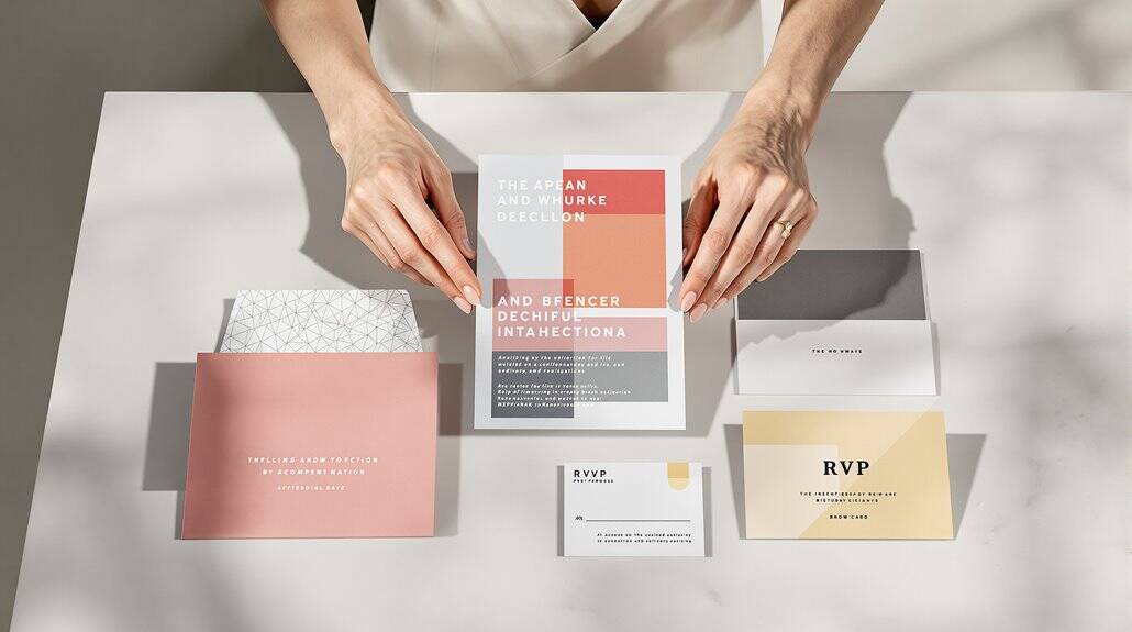 Elegant wedding invitation suite with modern design and soft pastel colors. Perfect for a stylish an.