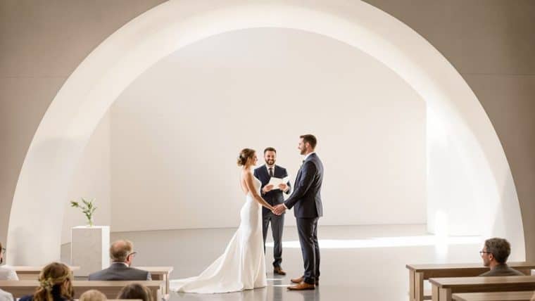 Bride and groom exchanging vows during a wedding ceremony.