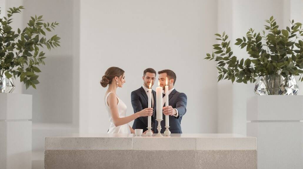 Bride and groom exchanging vows with officiant during wedding ceremony.