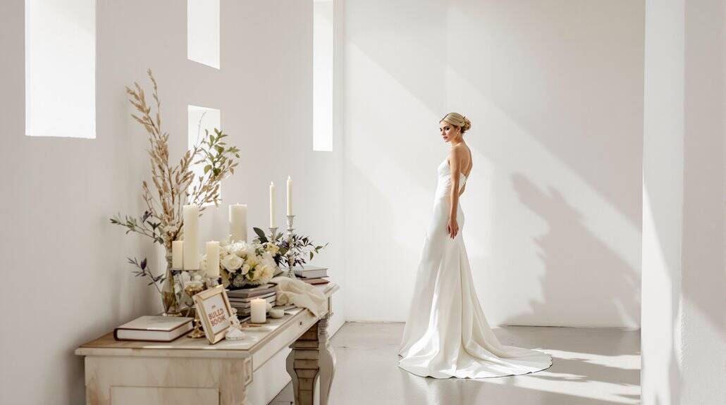 Bridal bride in elegant wedding gown standing in bright, minimalist room with floral decor.