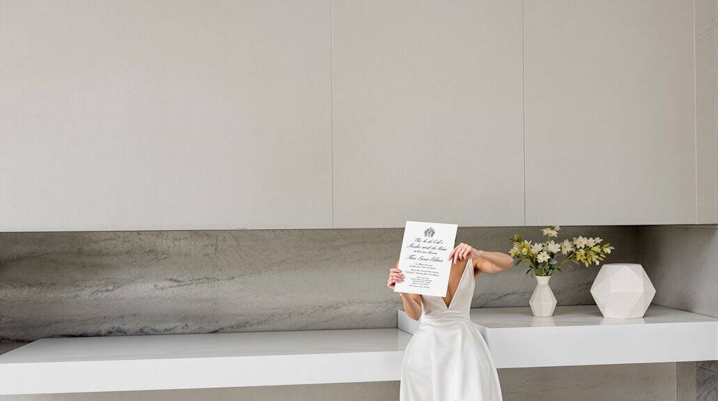 Elegant wedding bride holding a wedding certificate.