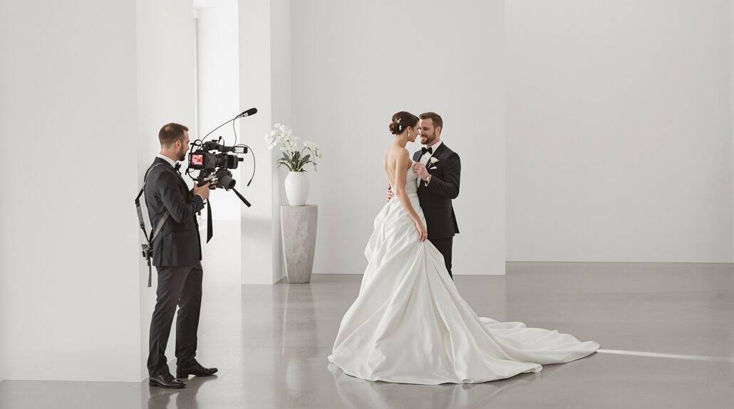 Bride and groom during wedding filming in a minimalist white studio.