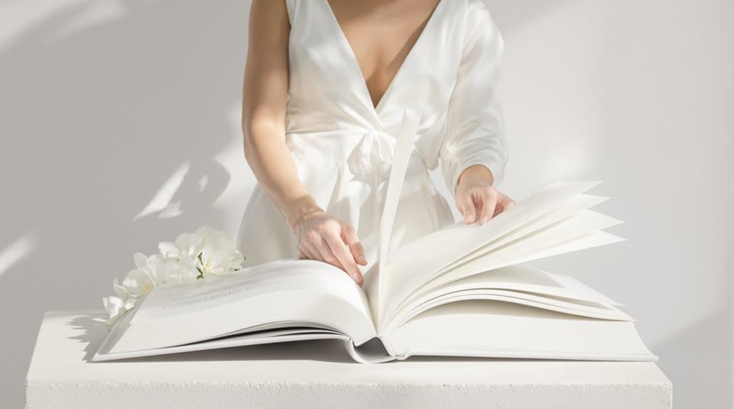 Bridal gown and open book for elegant wedding theme, focusing on wedding fashion and accessories.