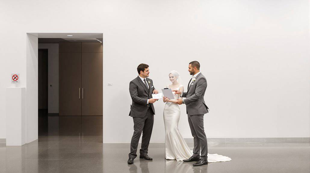 Bride and groom exchanging vows during wedding ceremony in a contemporary venue.