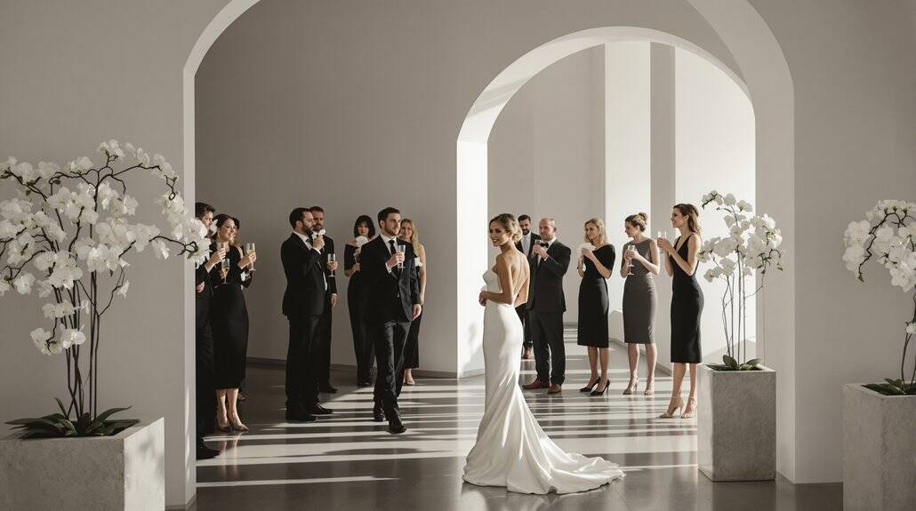 Elegant wedding ceremony with bride and groom in a modern, minimalist venue. Stylish guests and flor.