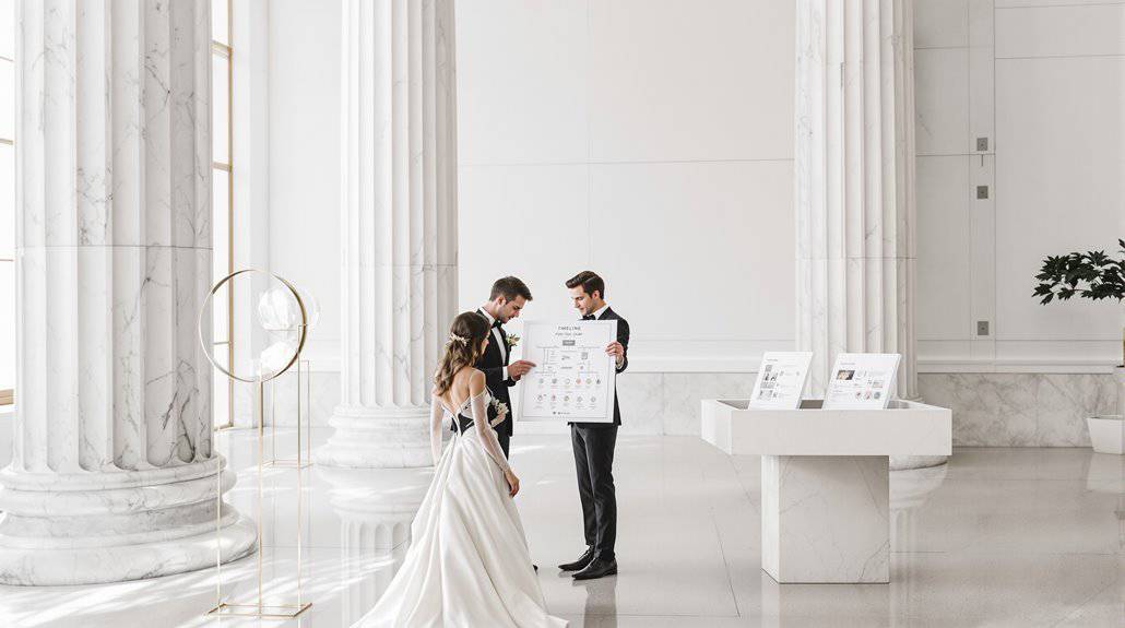Bride and groom signing marriage documents in a modern, elegant wedding venue.