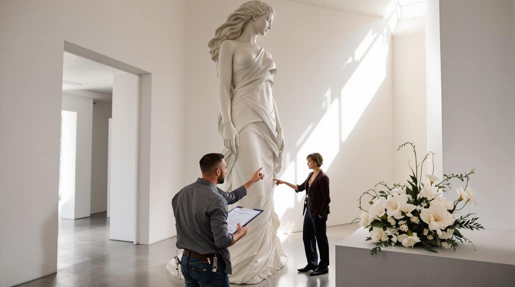 Wedding sculpture of a woman in a museum setting with guides.