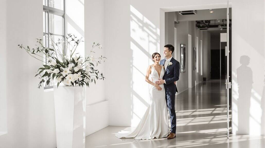 Elegant wedding couple standing in a sunlit modern hallway with white walls and large floral arrange.