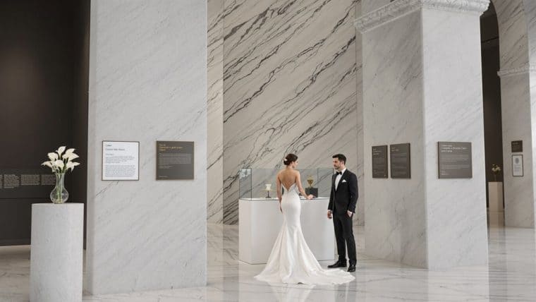 Bride and groom exchanging vows in a sleek, contemporary wedding setting with marble walls.
